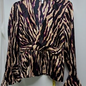 sofia by sofia vergara Black, Cream & Purple Animal-Print Wrap Blouse